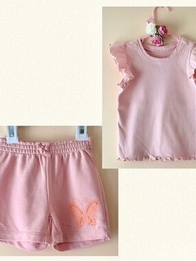 Pekkle Toddler Girls Pink Flutter Sleeve Top & Butterfly Shorts Set, Size 4T